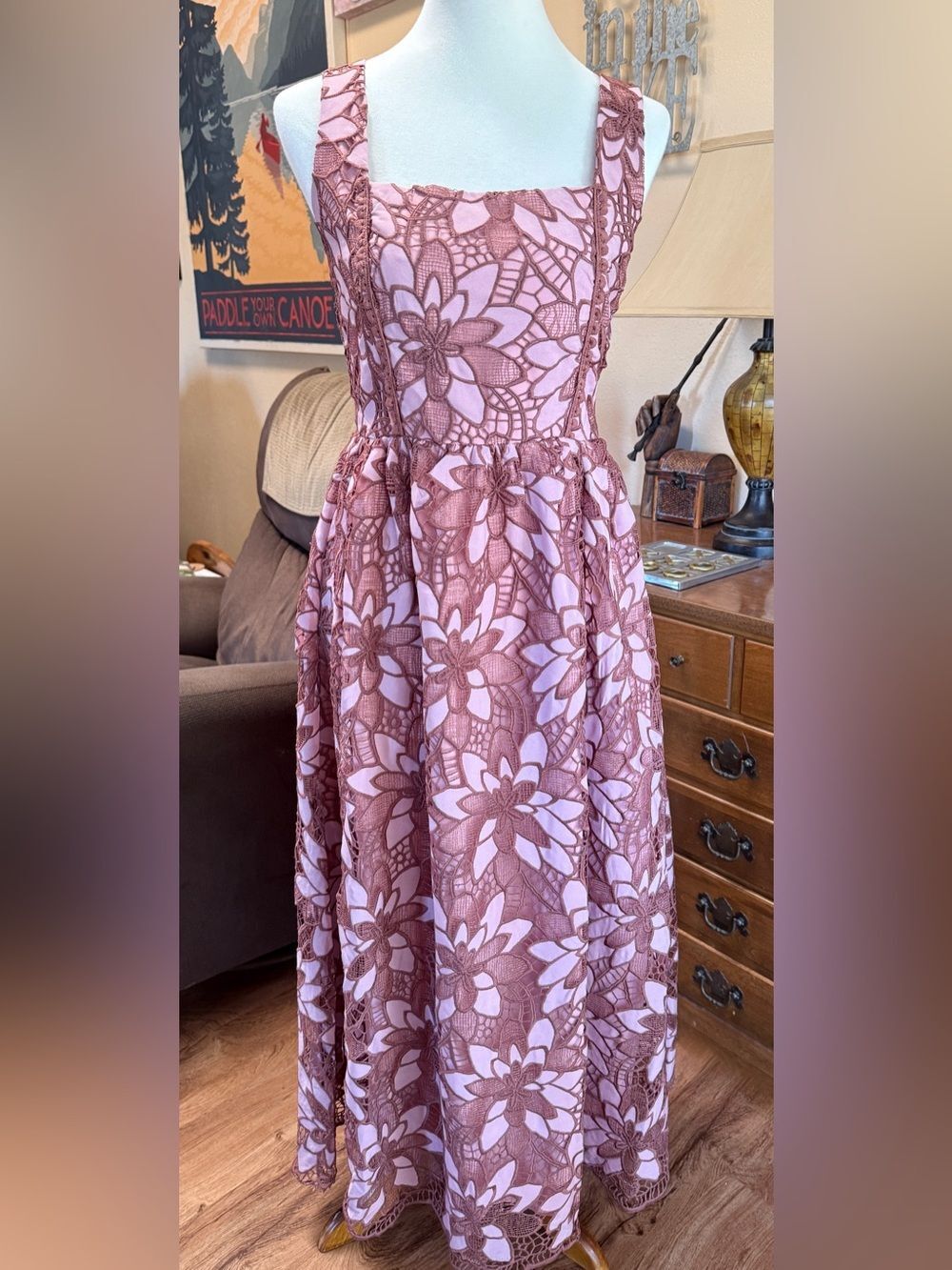 NEW New York & Company Dusty Rose Floral Lace Midi Dress sz SM - Picture 3 of 10